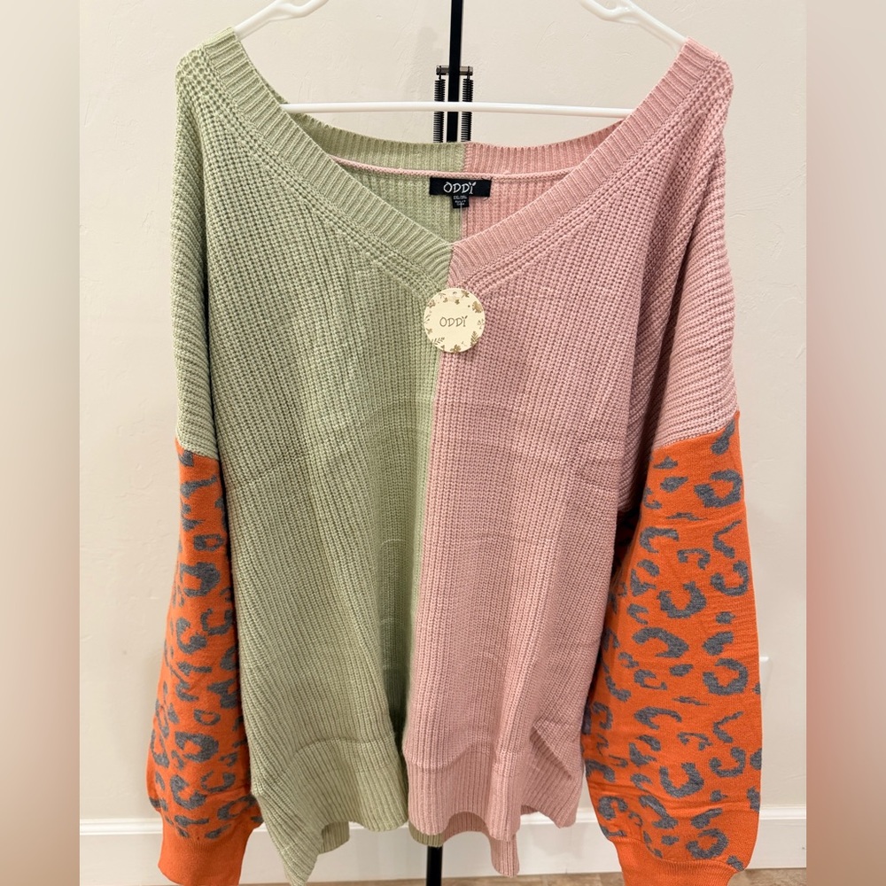 Oddi NWT Colorblock Leopard Sleeve Sweater 2XL/3XL Oversized Plus Size Boho Knit